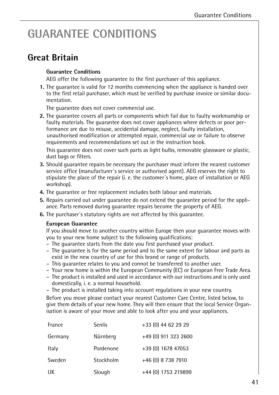 Guarantee conditions, Great britain | Electrolux 5070 User Manual | Page 41 / 44