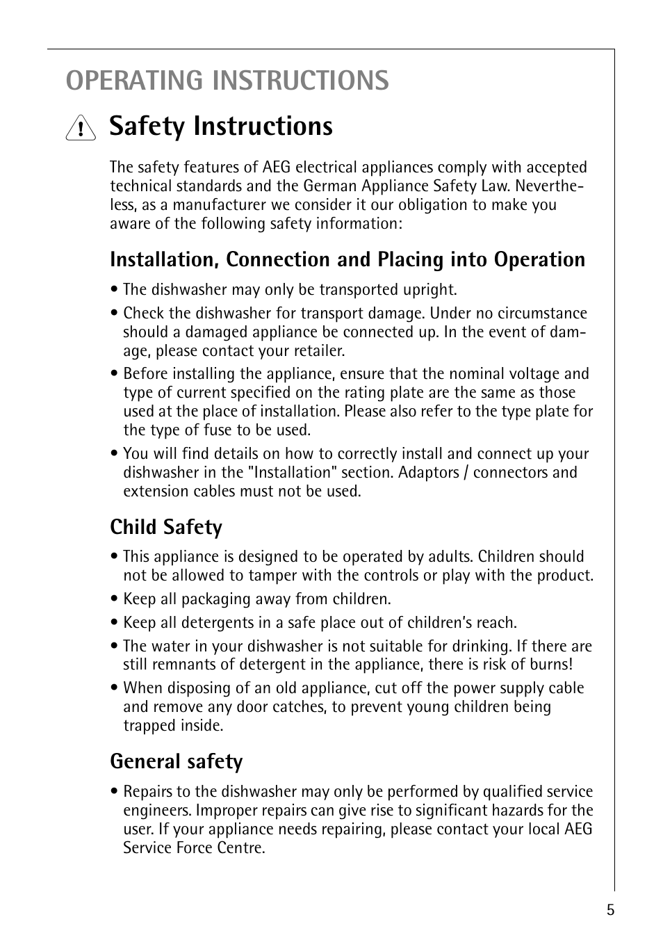 Operating instructions, Safety instructions, Child safety | General safety | Electrolux 5070 User Manual | Page 5 / 44