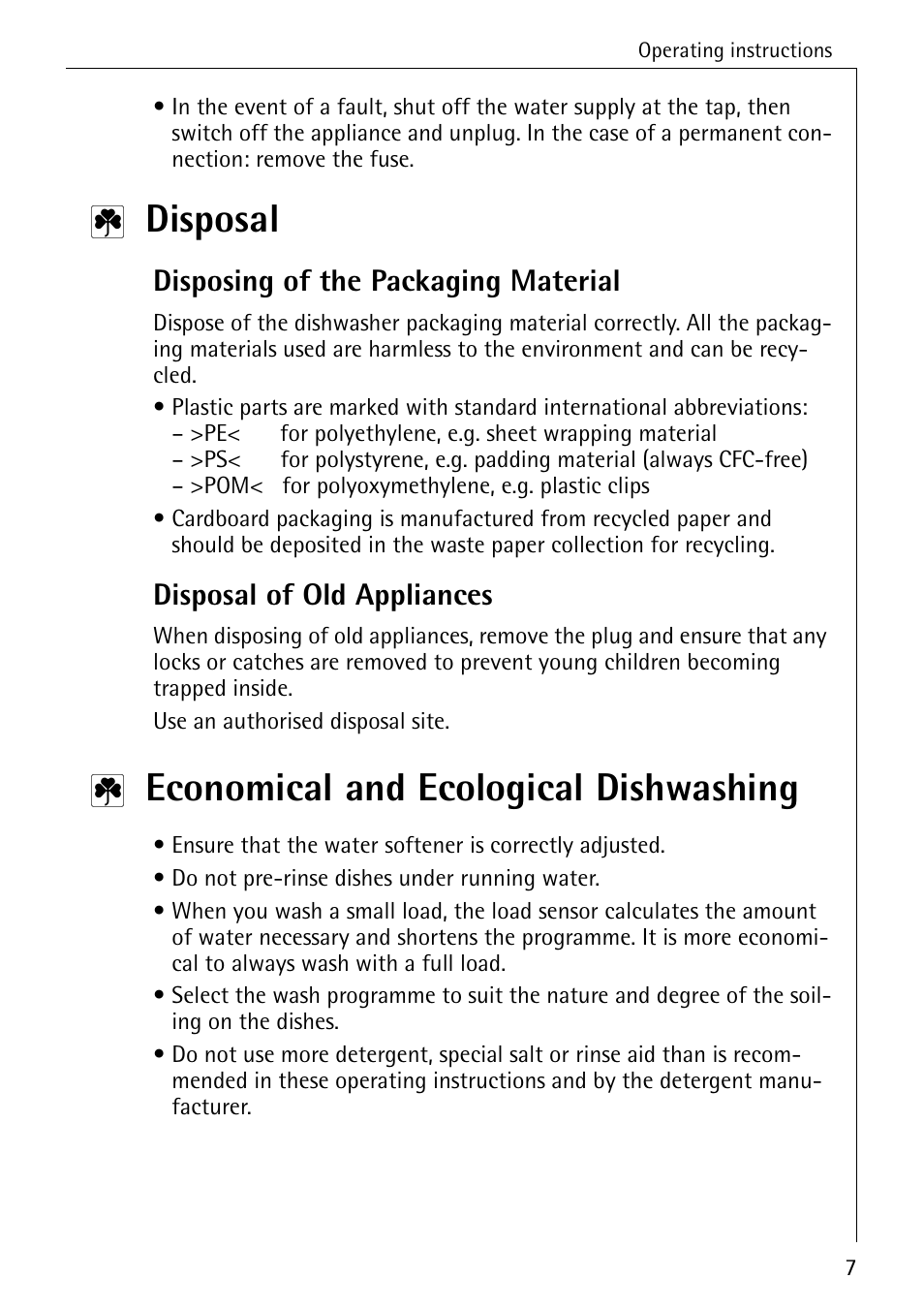 Disposal, Economical and ecological dishwashing, Disposing of the packaging material | Disposal of old appliances | Electrolux 5070 User Manual | Page 7 / 44