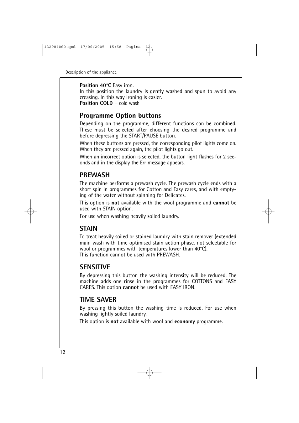 Programme option buttons, Prewash, Stain | Sensitive, Time saver | Electrolux 16830 User Manual | Page 12 / 56