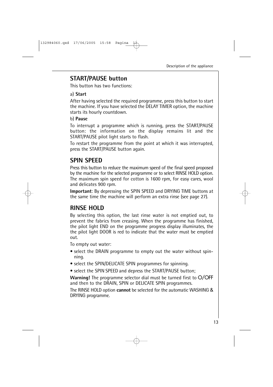 Start/pause button, Spin speed, Rinse hold | Electrolux 16830 User Manual | Page 13 / 56
