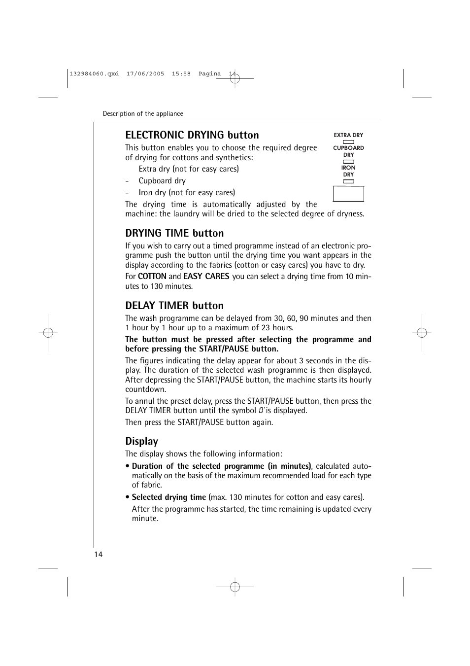 Electronic drying button, Drying time button, Delay timer button | Display | Electrolux 16830 User Manual | Page 14 / 56