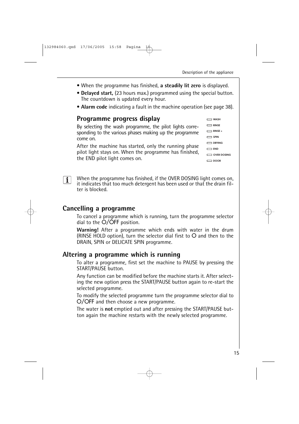 Programme progress display, Cancelling a programme, Altering a programme which is running | Electrolux 16830 User Manual | Page 15 / 56