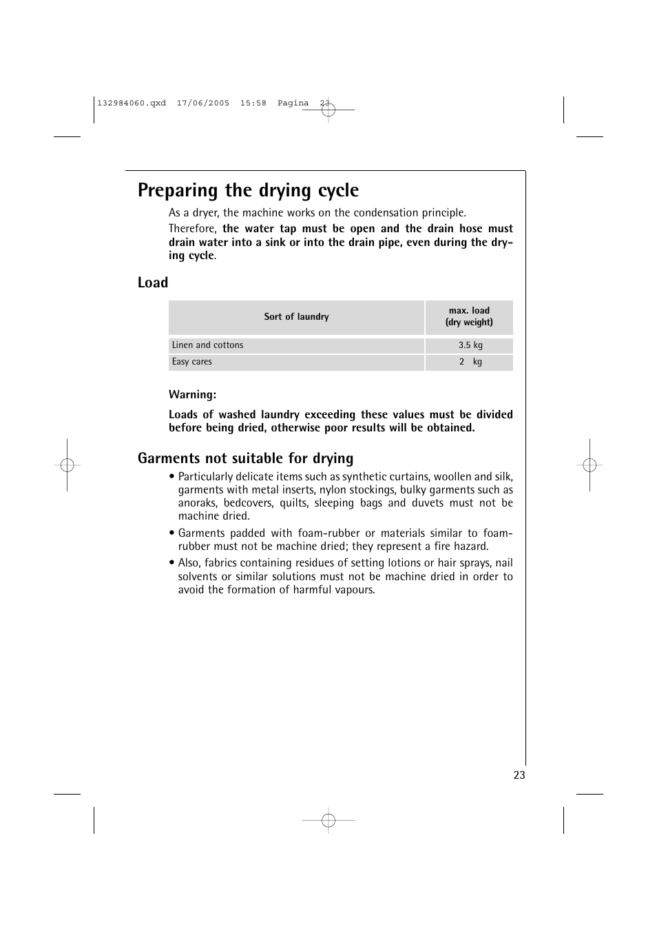 Preparing the drying cycle, Load, Garments not suitable for drying | Electrolux 16830 User Manual | Page 23 / 56