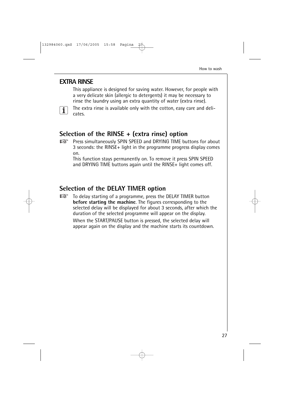 Extra rinse, Selection of the rinse + (extra rinse) option, Selection of the delay timer option | Electrolux 16830 User Manual | Page 27 / 56