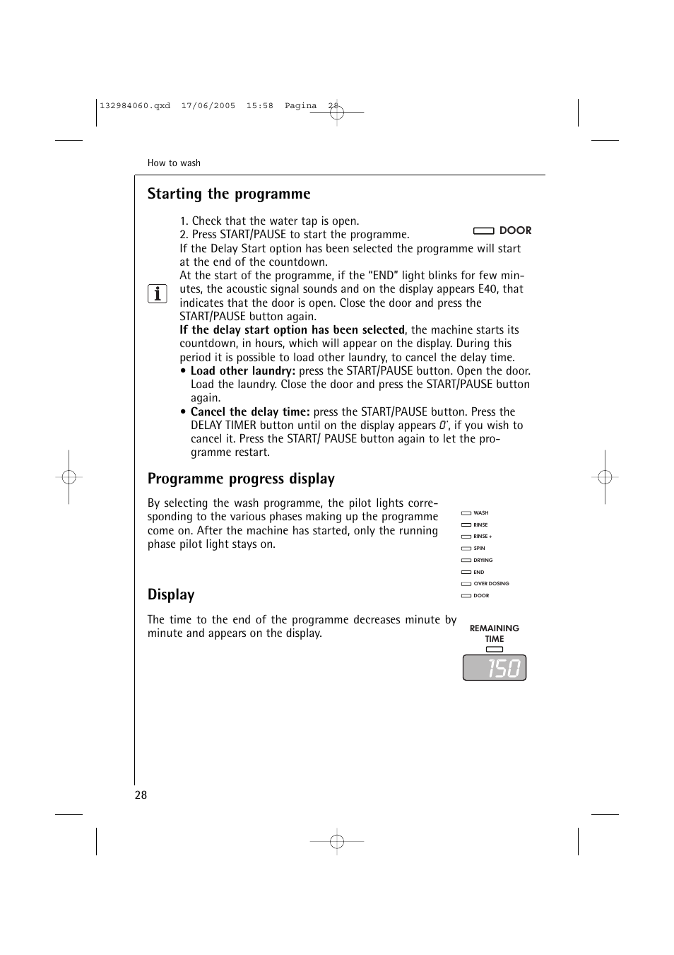 Starting the programme, Programme progress display, Display | Electrolux 16830 User Manual | Page 28 / 56