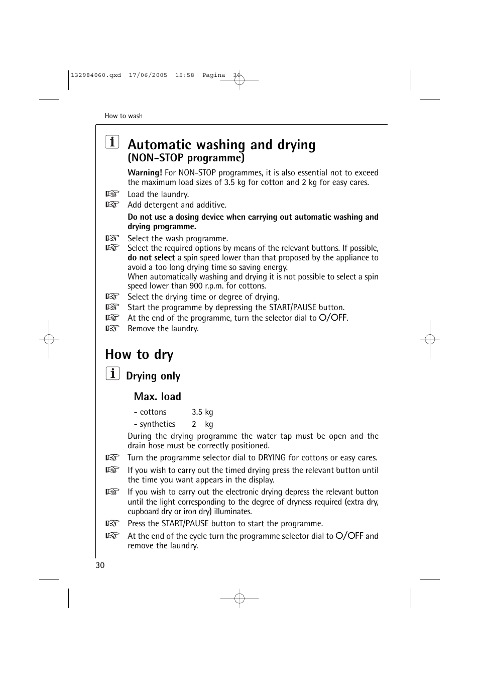 Automatic washing and drying, How to dry, Non-stop programme) | Drying only max. load | Electrolux 16830 User Manual | Page 30 / 56