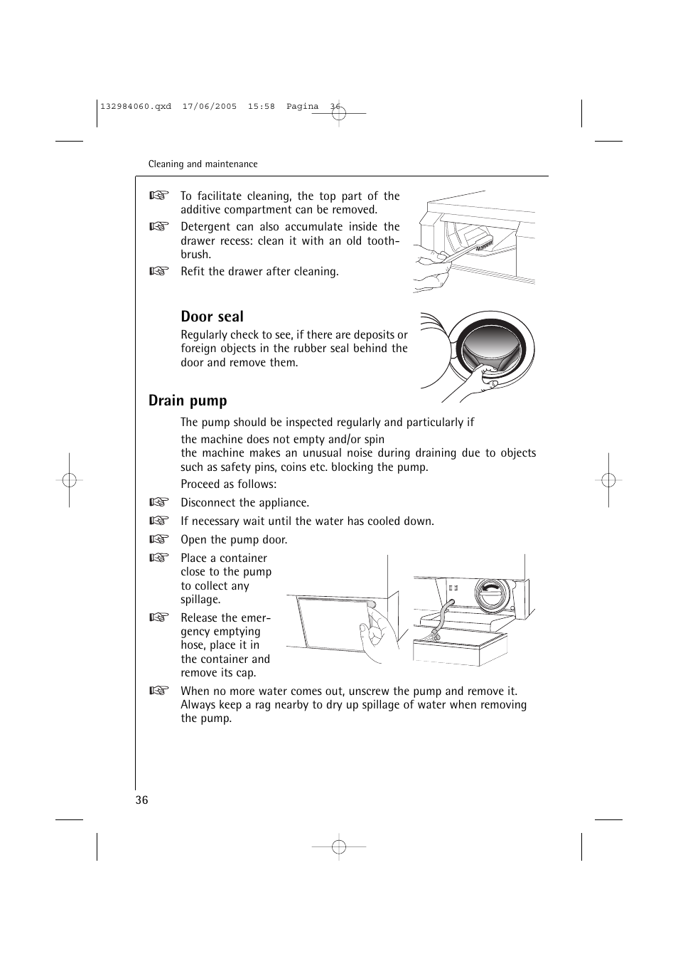 Door seal, Drain pump | Electrolux 16830 User Manual | Page 36 / 56