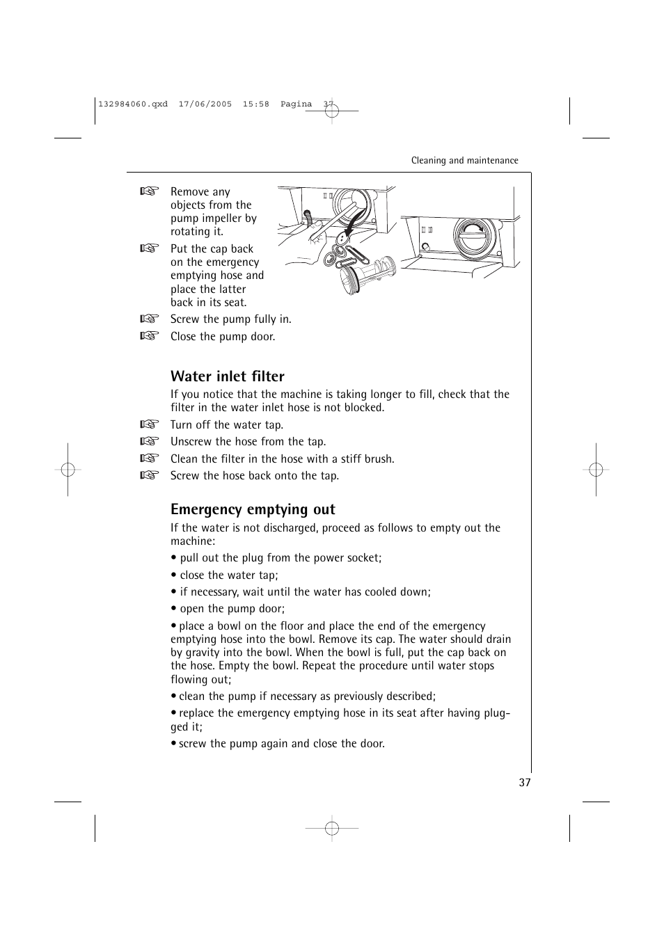 Water inlet filter, Emergency emptying out | Electrolux 16830 User Manual | Page 37 / 56