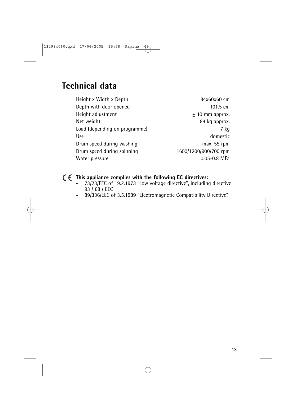 Technical data | Electrolux 16830 User Manual | Page 43 / 56