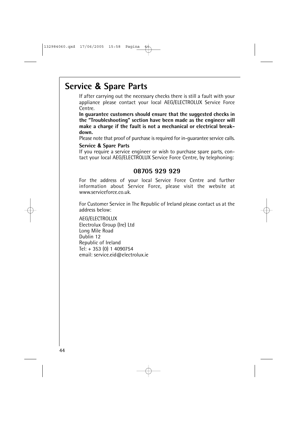 Service & spare parts | Electrolux 16830 User Manual | Page 44 / 56