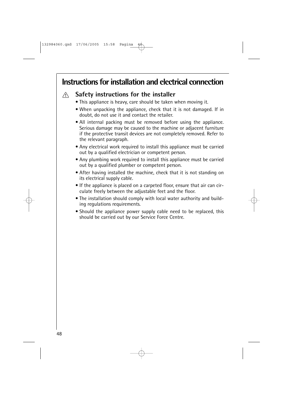 Safety instructions for the installer | Electrolux 16830 User Manual | Page 48 / 56