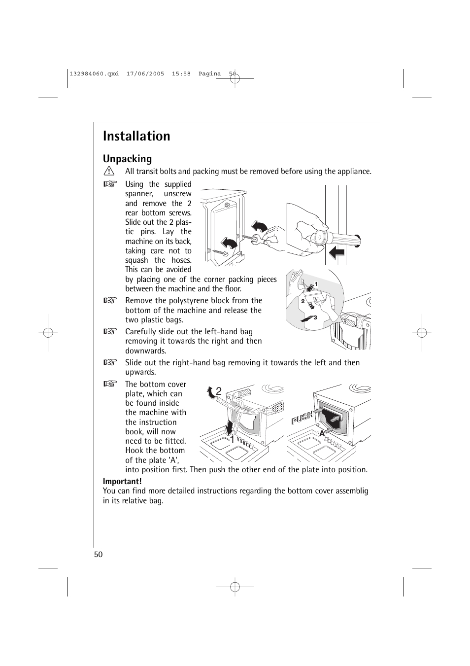 Installation, Unpacking | Electrolux 16830 User Manual | Page 50 / 56