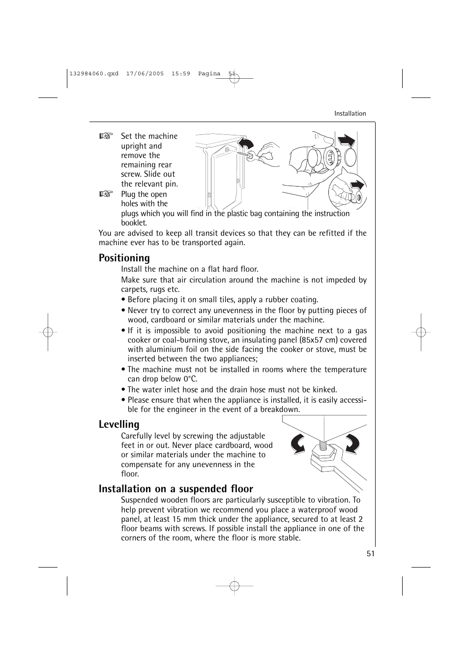 Positioning, Levelling, Installation on a suspended floor | Electrolux 16830 User Manual | Page 51 / 56