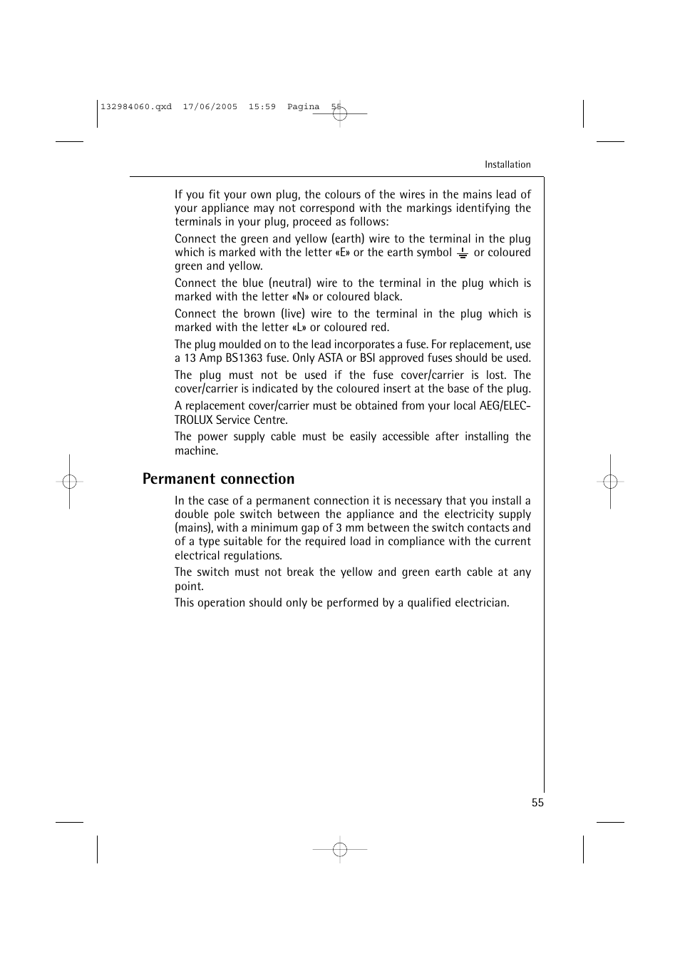 Permanent connection | Electrolux 16830 User Manual | Page 55 / 56