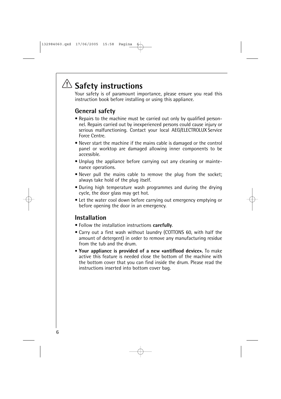 Safety instructions, General safety, Installation | Electrolux 16830 User Manual | Page 6 / 56