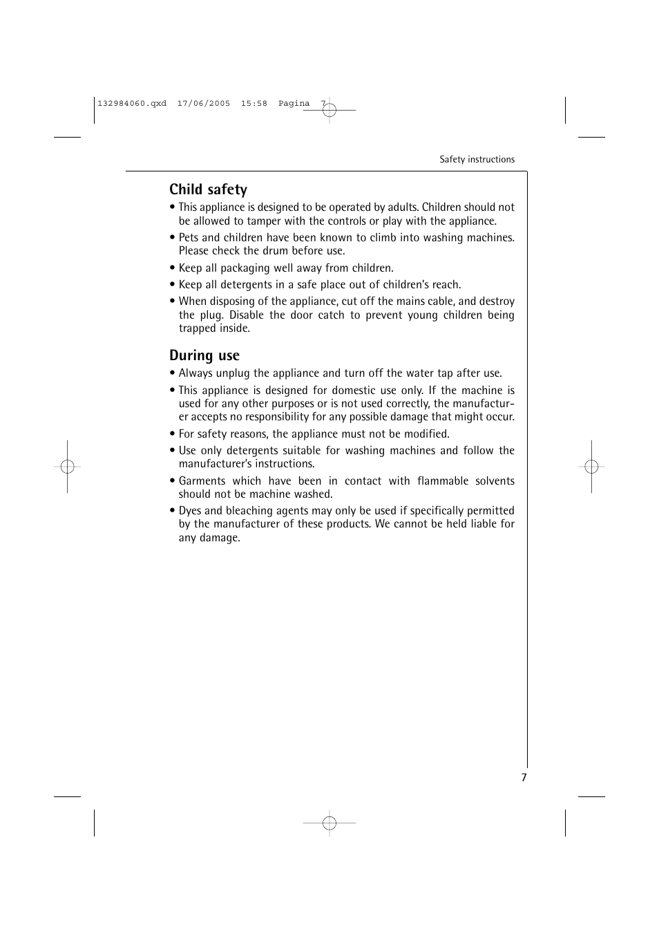 Child safety, During use | Electrolux 16830 User Manual | Page 7 / 56