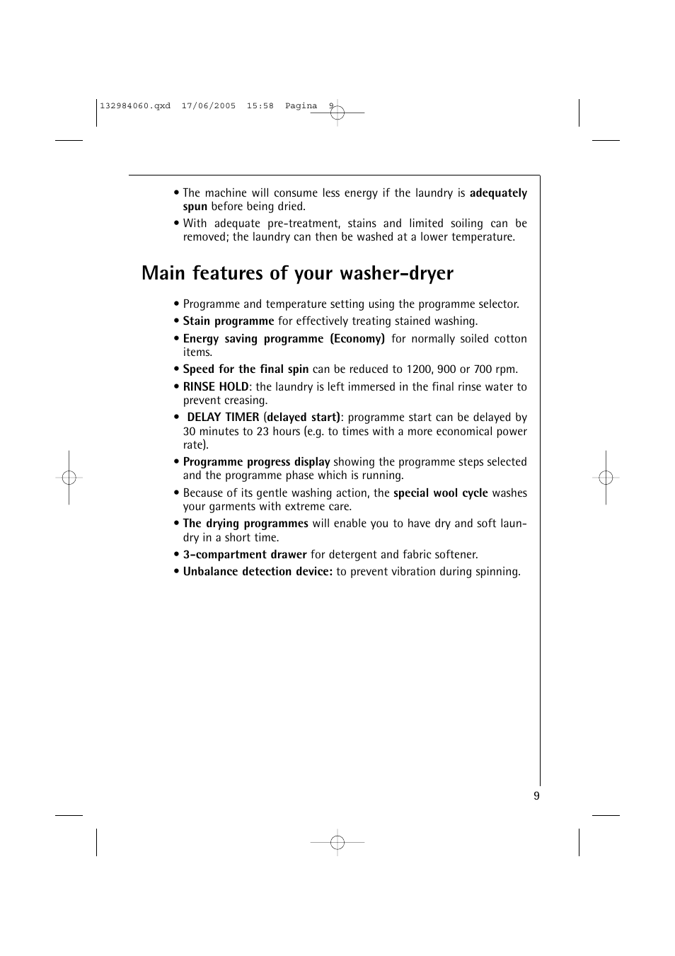 Main features of your washer-dryer | Electrolux 16830 User Manual | Page 9 / 56