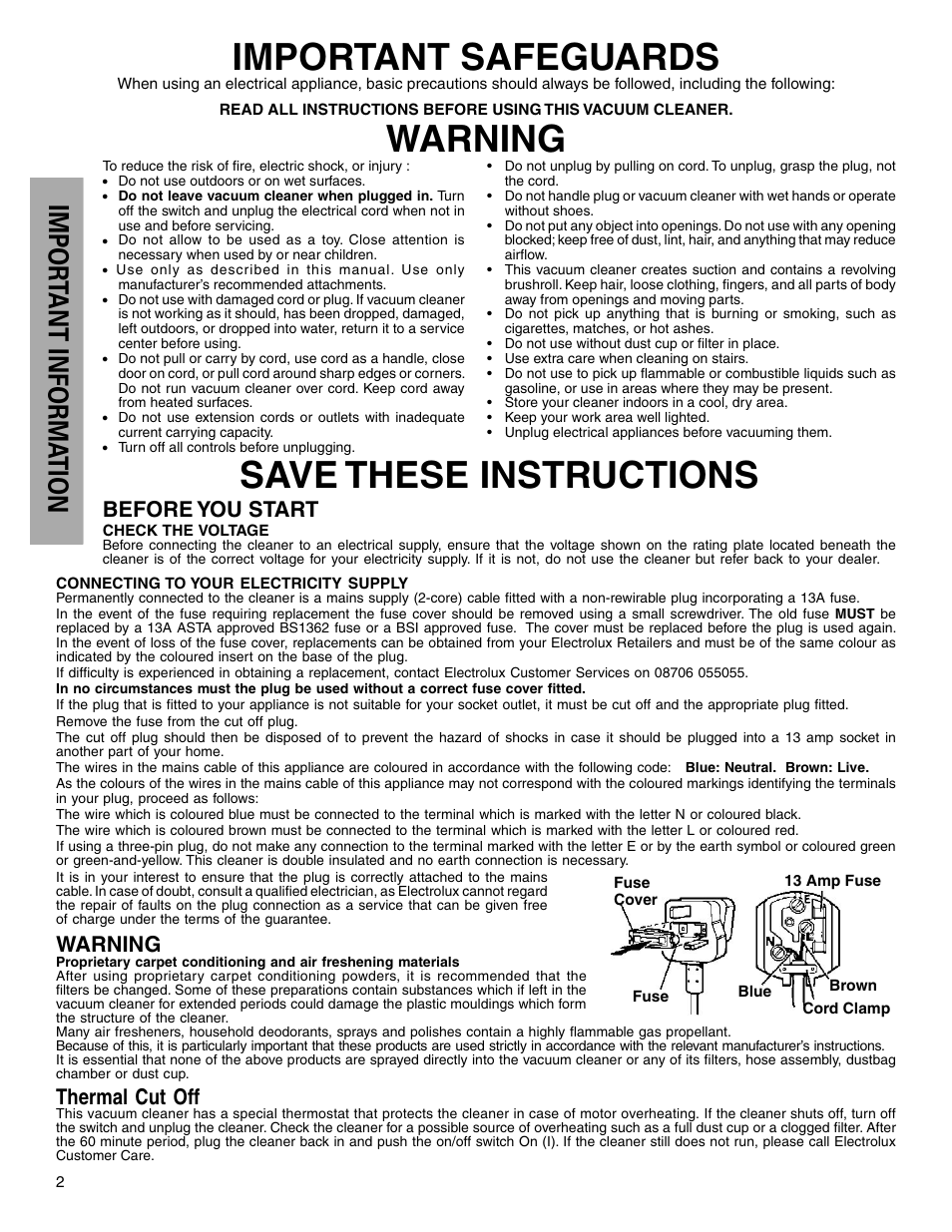 Important safeguards, Warning, Save these instructions | Impor tant inform ation, Before you start, Thermal cut off | Electrolux Z425 Series User Manual | Page 2 / 8