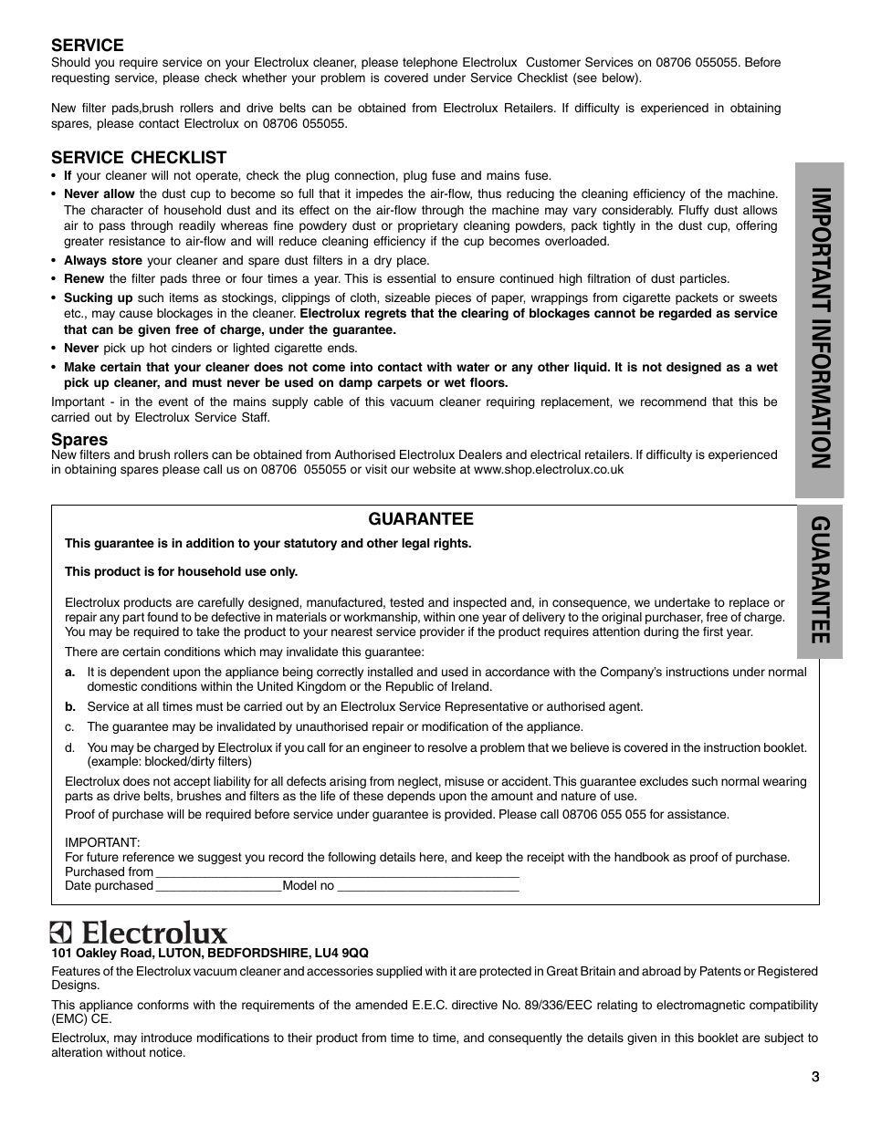 Impor tant inform ation, Gu arantee | Electrolux Z425 Series User Manual | Page 3 / 8