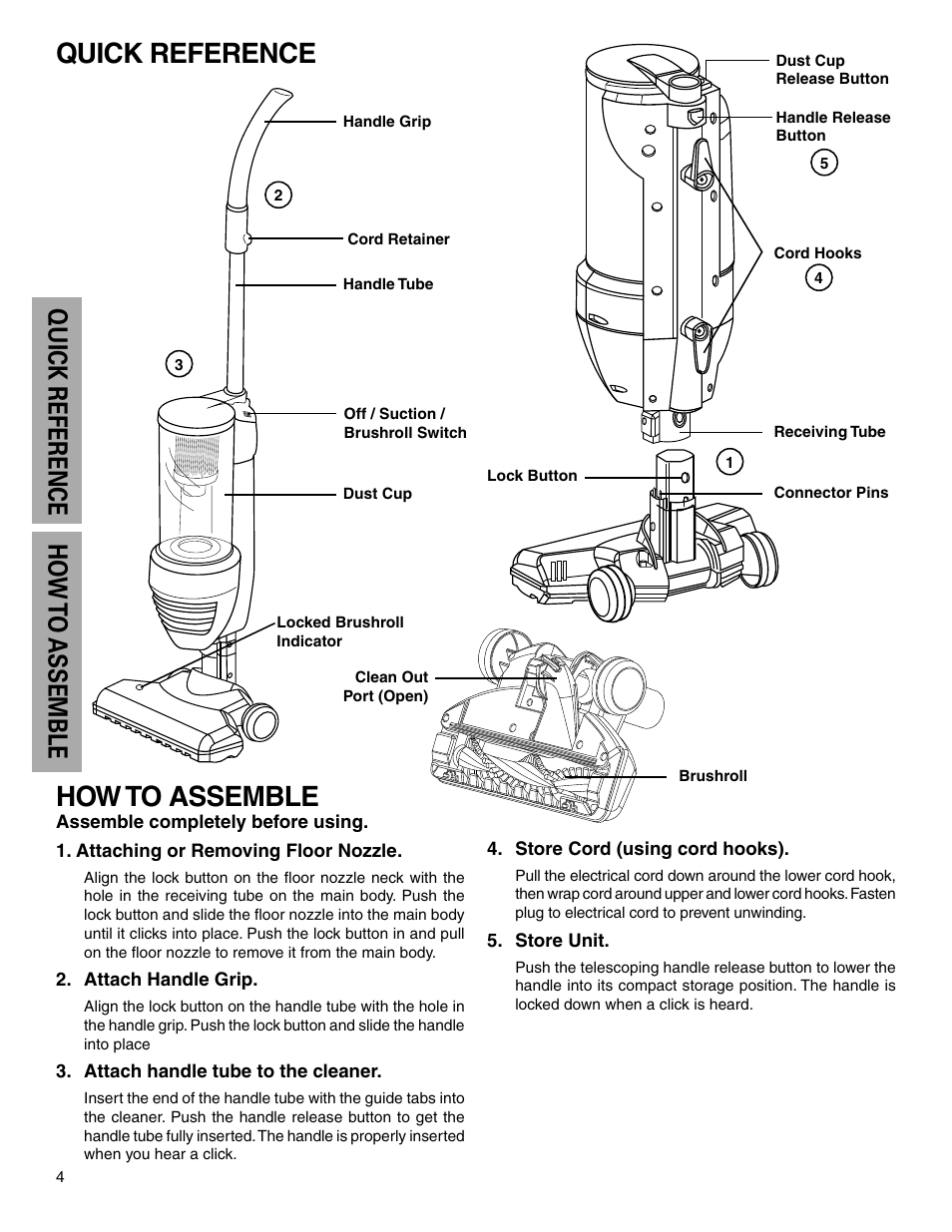 How to assemble, Quick reference, Quick reference ho w to a ssemble | Electrolux Z425 Series User Manual | Page 4 / 8