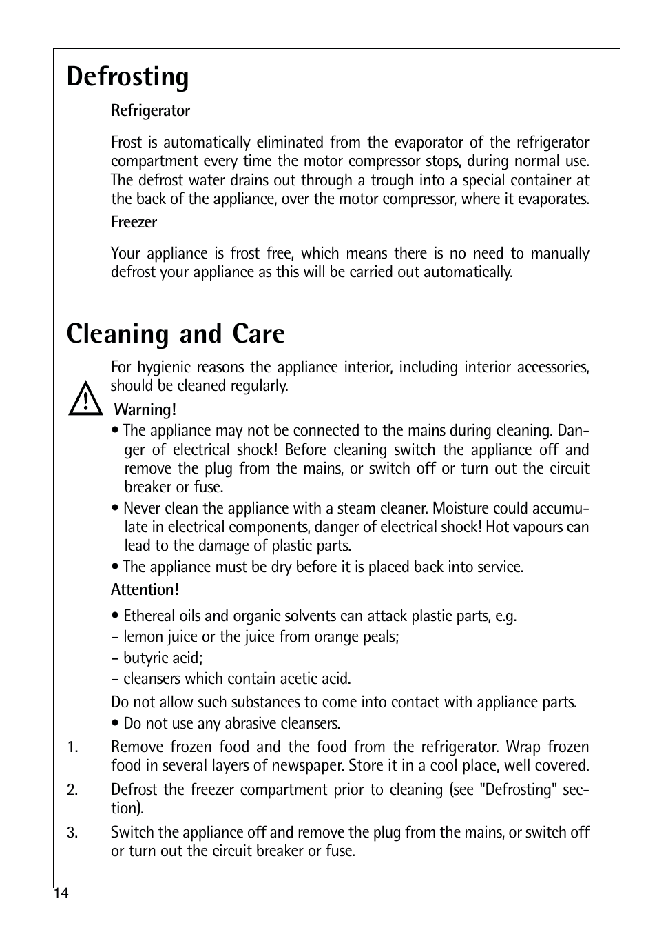 Defrosting, Cleaning and care | Electrolux 75428-1 DT User Manual | Page 14 / 28