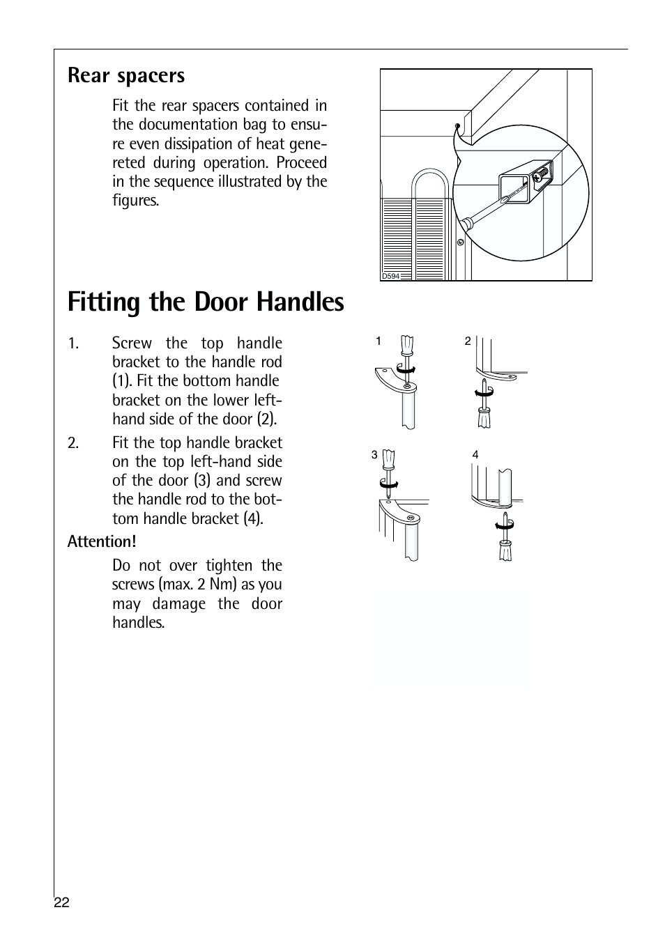 Fitting the door handles, Rear spacers | Electrolux 75428-1 DT User Manual | Page 22 / 28