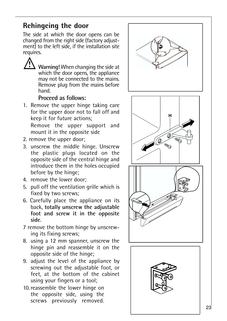 Rehingeing the door | Electrolux 75428-1 DT User Manual | Page 23 / 28