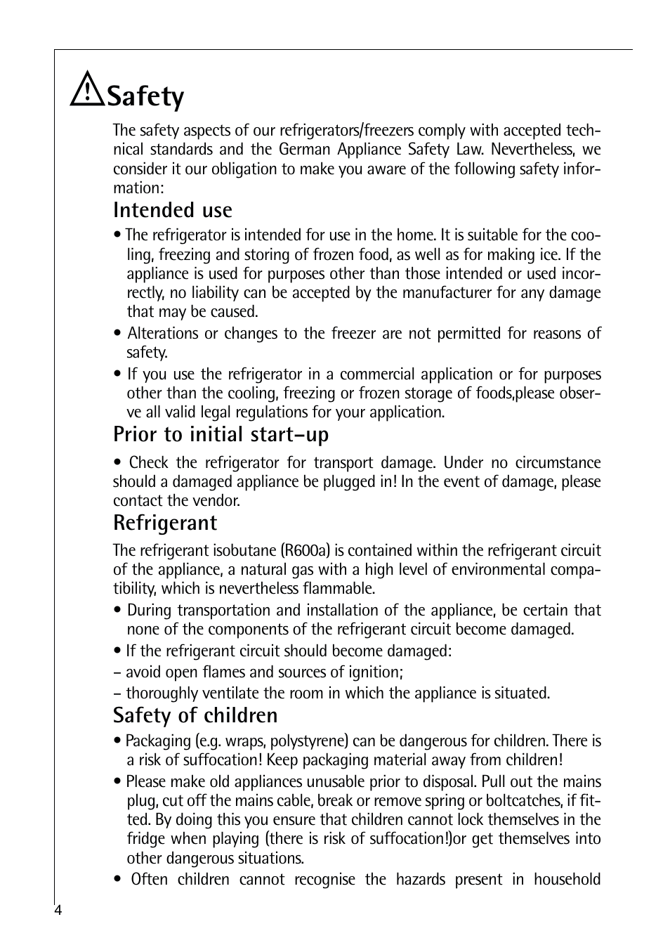 Safety, Intended use, Prior to initial start–up | Refrigerant, Safety of children | Electrolux 75428-1 DT User Manual | Page 4 / 28