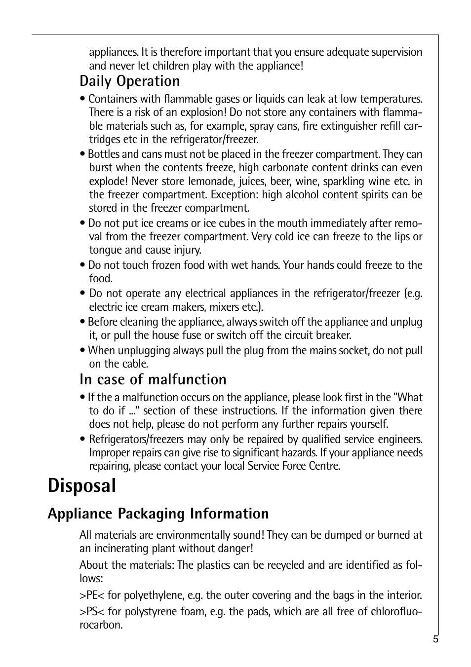 Disposal, Daily operation, Appliance packaging information | Electrolux 75428-1 DT User Manual | Page 5 / 28