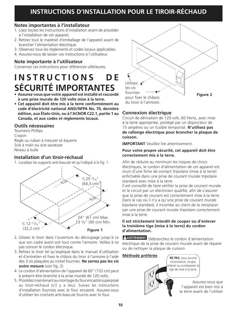 Instructions d’installation pour le tiroir-réchaud | Electrolux 318201810 User Manual | Page 10 / 12