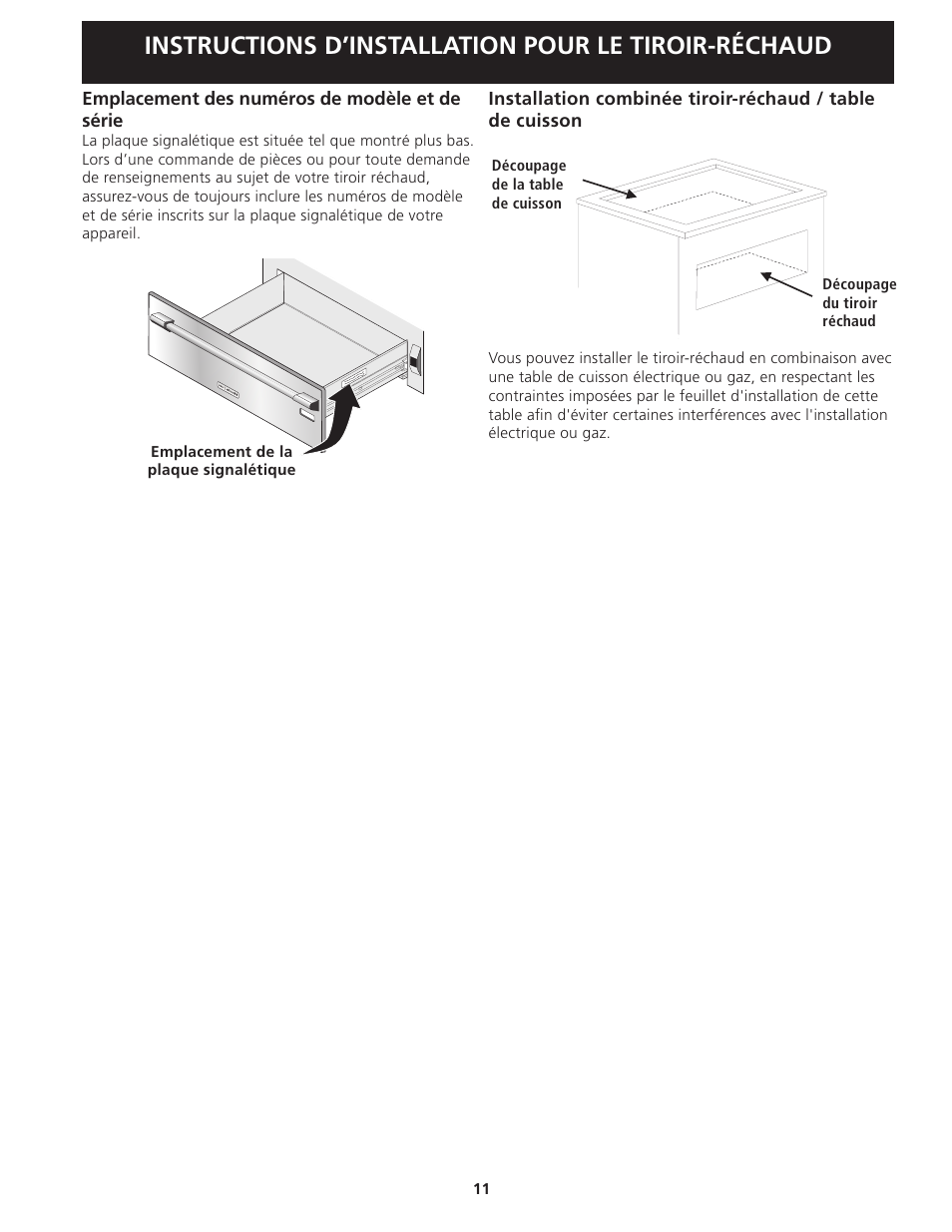 Instructions d’installation pour le tiroir-réchaud | Electrolux 318201810 User Manual | Page 11 / 12