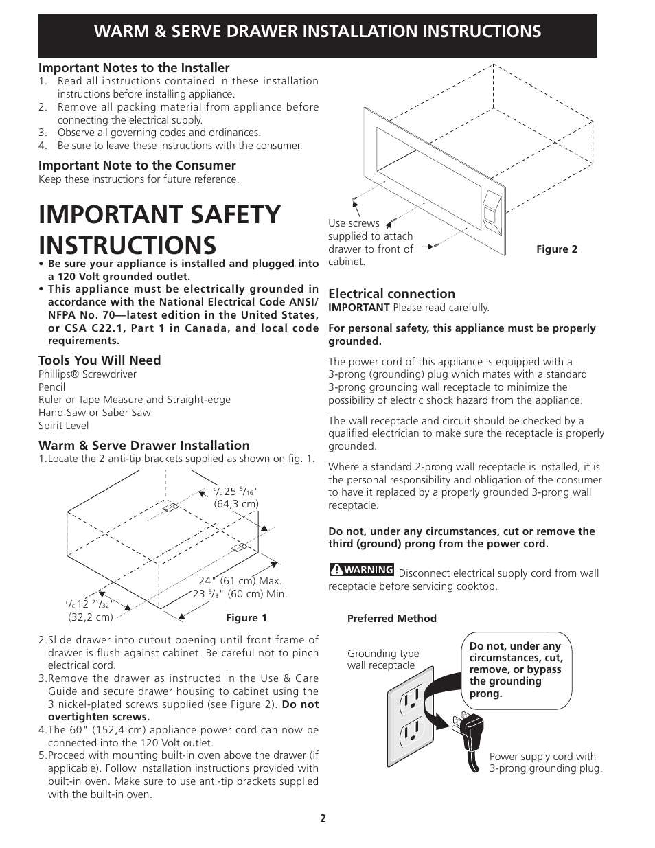 Important safety instructions, Warm & serve drawer installation instructions | Electrolux 318201810 User Manual | Page 2 / 12