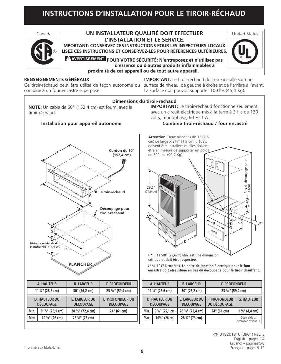 Instructions d’installation pour le tiroir-réchaud | Electrolux 318201810 User Manual | Page 9 / 12