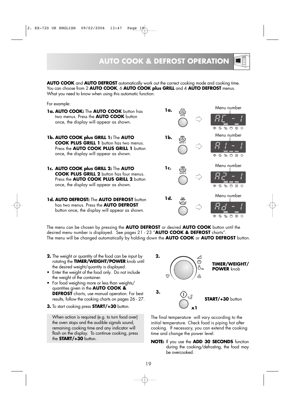 Auto cook & defrost operation | Electrolux EMS2685 User Manual | Page 21 / 44