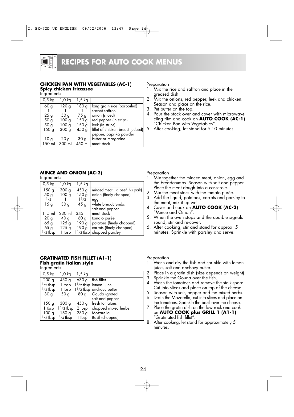 Recipes for auto cook menus | Electrolux EMS2685 User Manual | Page 26 / 44