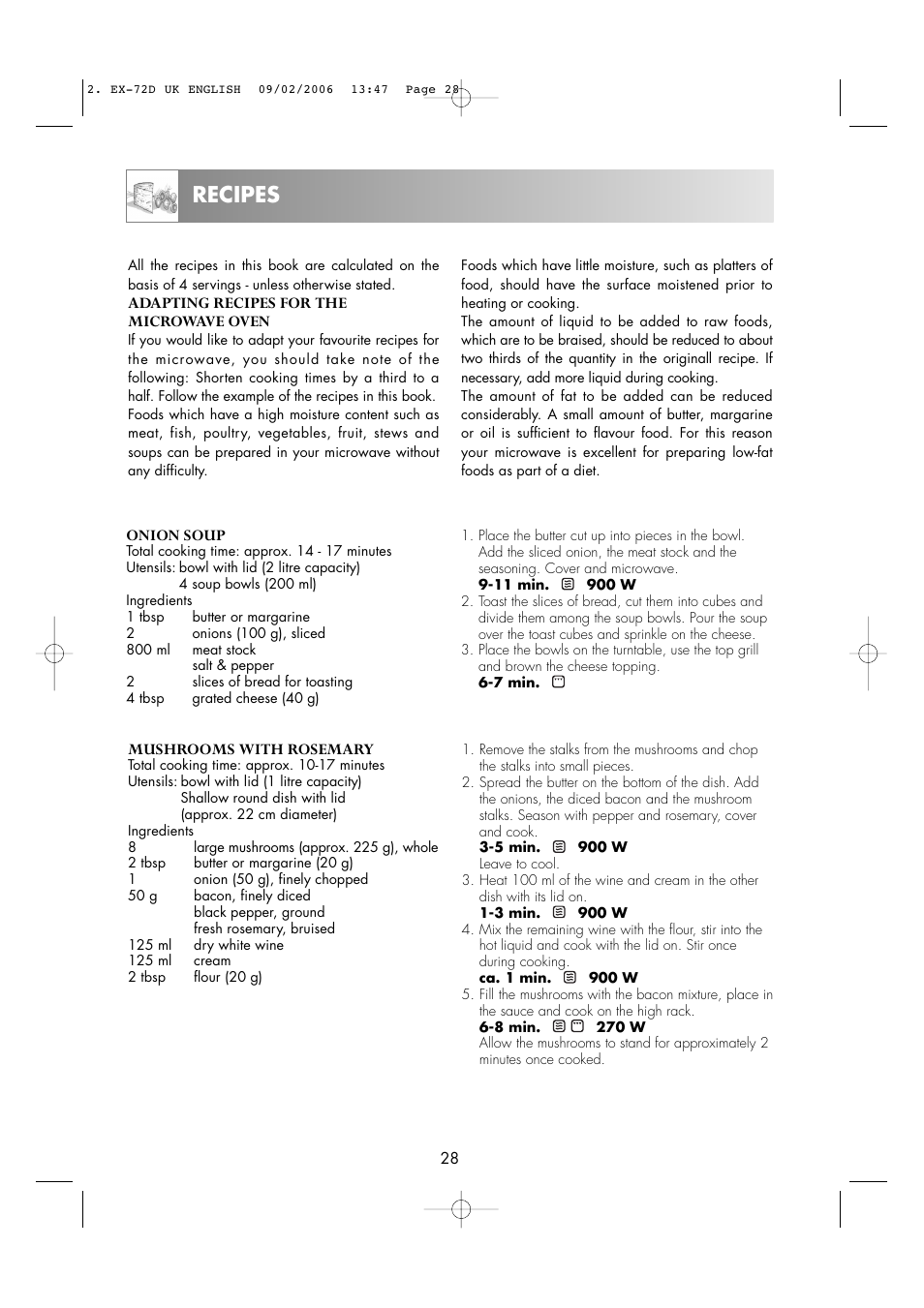 Recipes | Electrolux EMS2685 User Manual | Page 30 / 44