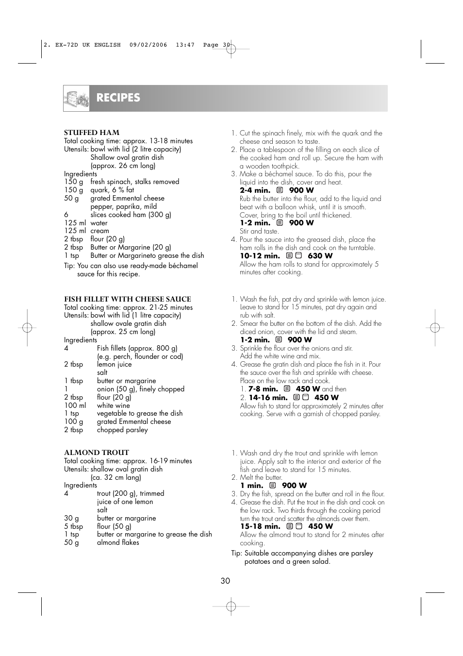 Recipes | Electrolux EMS2685 User Manual | Page 32 / 44