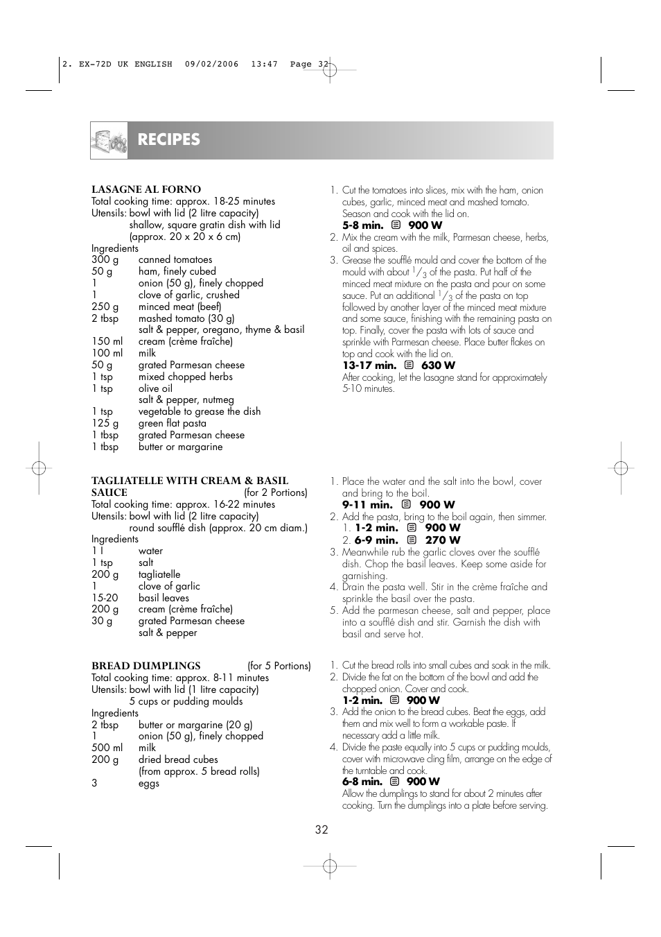 Recipes | Electrolux EMS2685 User Manual | Page 34 / 44