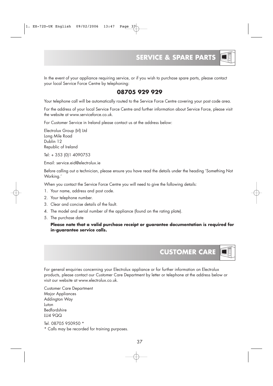 Service & spare parts customer care | Electrolux EMS2685 User Manual | Page 39 / 44