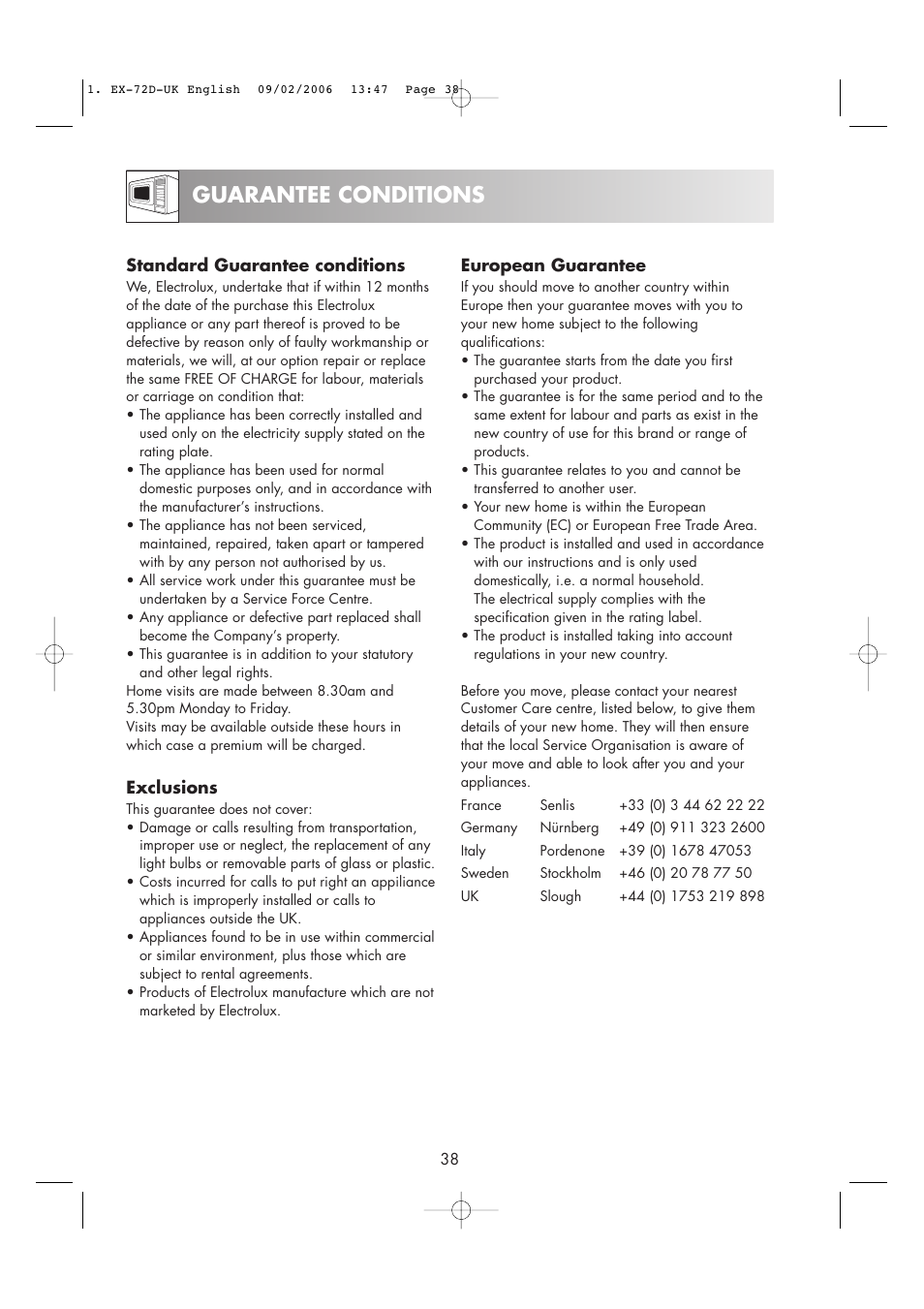 Guarantee conditions | Electrolux EMS2685 User Manual | Page 40 / 44