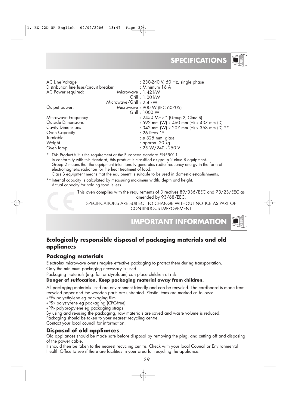 Specifications important information | Electrolux EMS2685 User Manual | Page 41 / 44