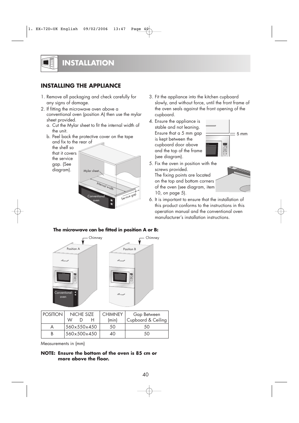 Installation, Installing the appliance | Electrolux EMS2685 User Manual | Page 42 / 44