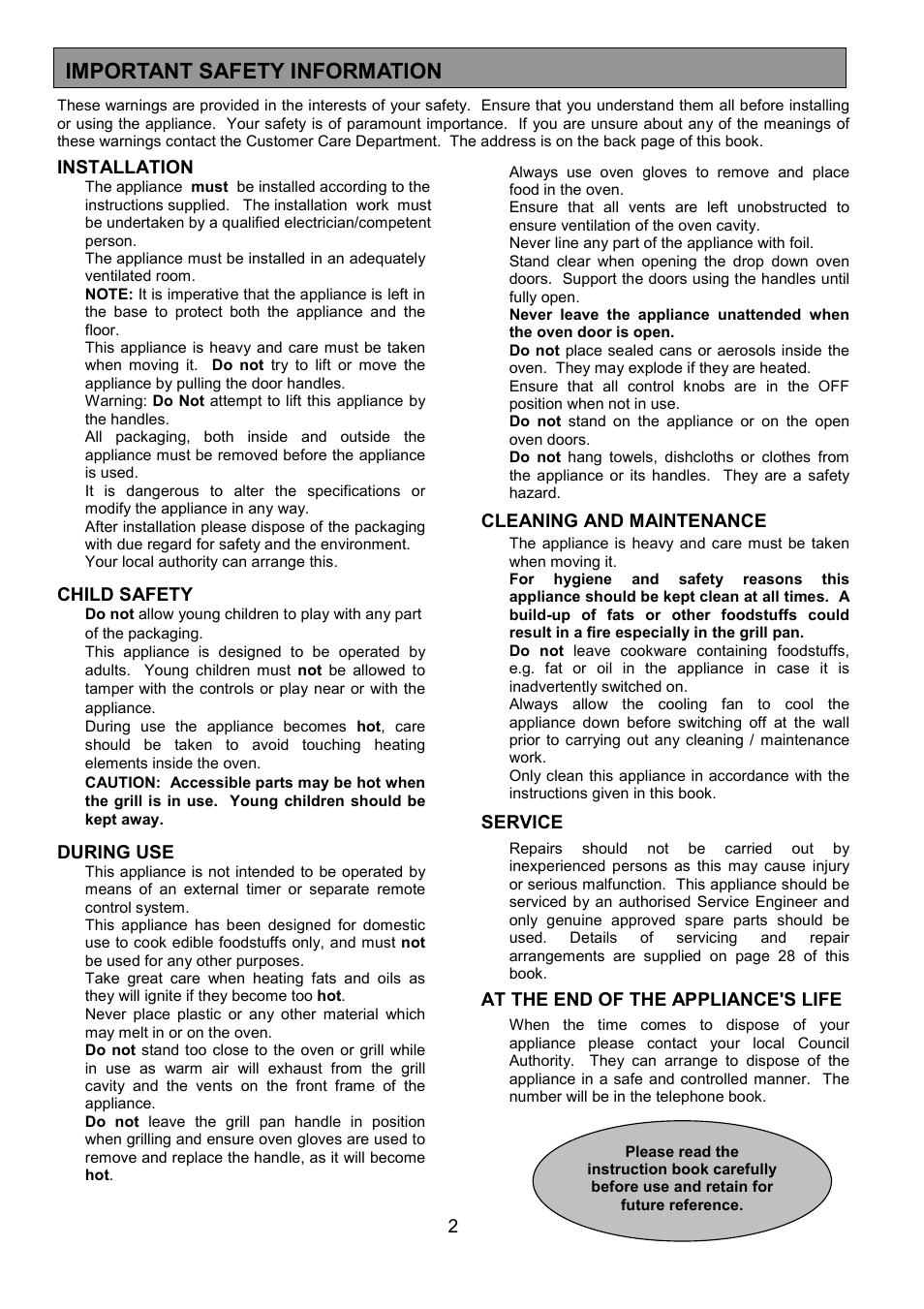 Important safety information | Electrolux EOU 5330 User Manual | Page 2 / 40