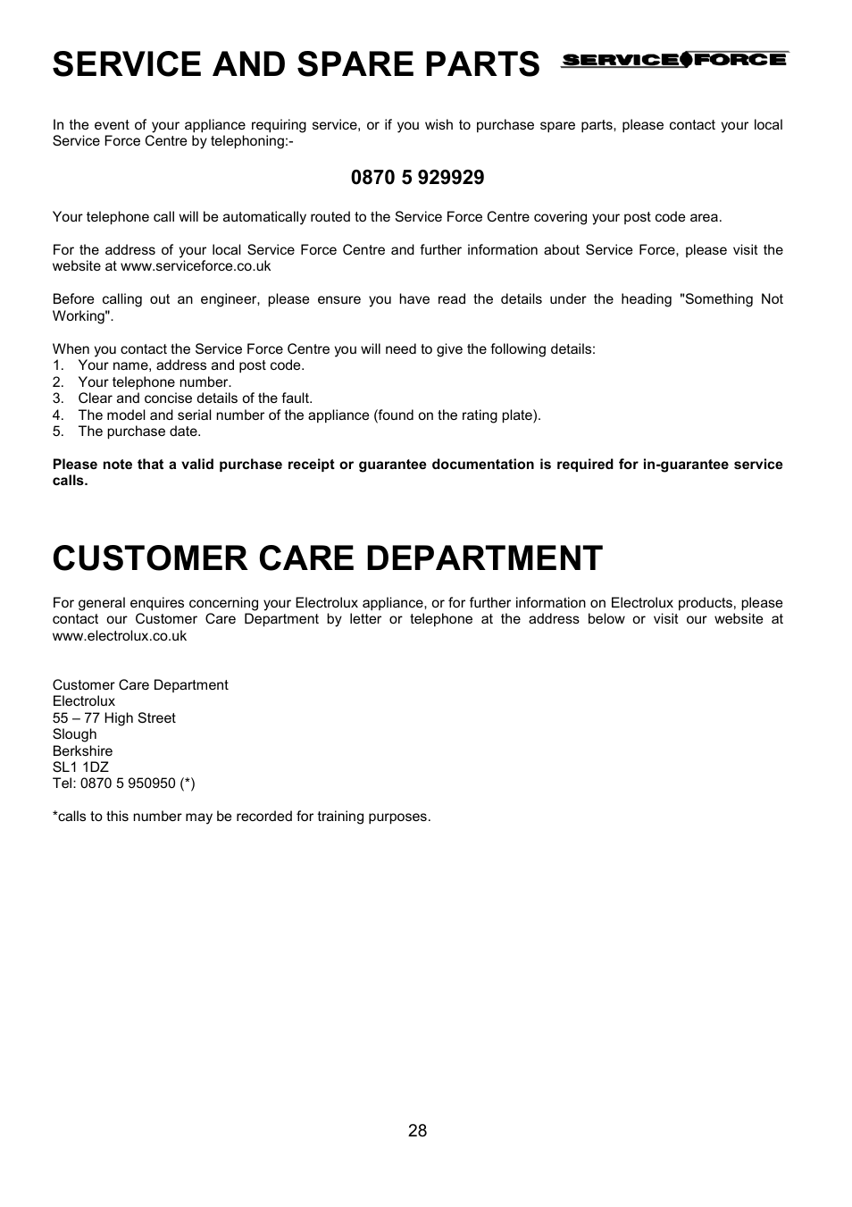 Service and spare parts, Customer care department | Electrolux EOU 5330 User Manual | Page 28 / 40