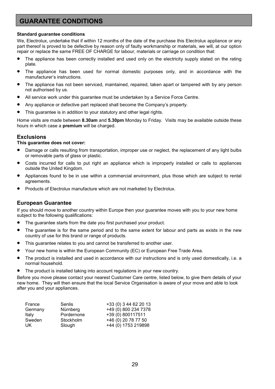 Guarantee conditions | Electrolux EOU 5330 User Manual | Page 29 / 40