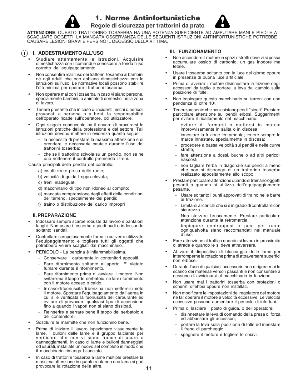 Norme antinfortunistiche, Regole di sicurezza per trattorini da prato | Electrolux PM1850SBH User Manual | Page 11 / 76