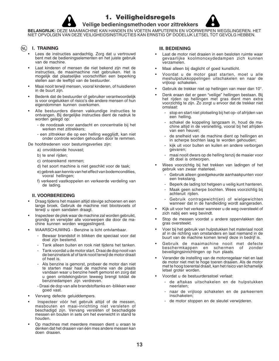 Veiligheidsregels, Veilige bedieningsmethoden voor zittrekkers | Electrolux PM1850SBH User Manual | Page 13 / 76