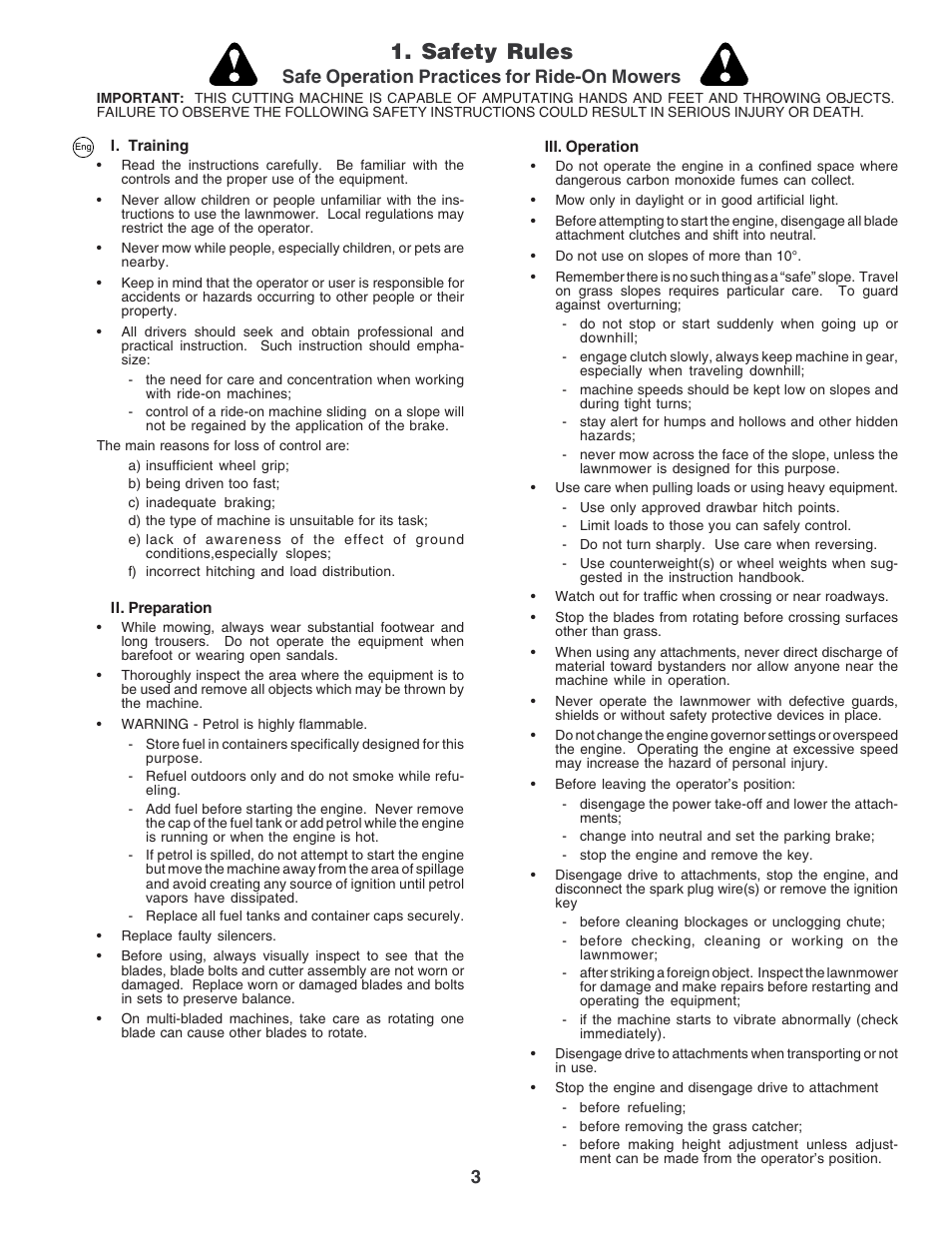 Safety rules, Safe operation practices for ride-on mowers | Electrolux PM1850SBH User Manual | Page 3 / 76