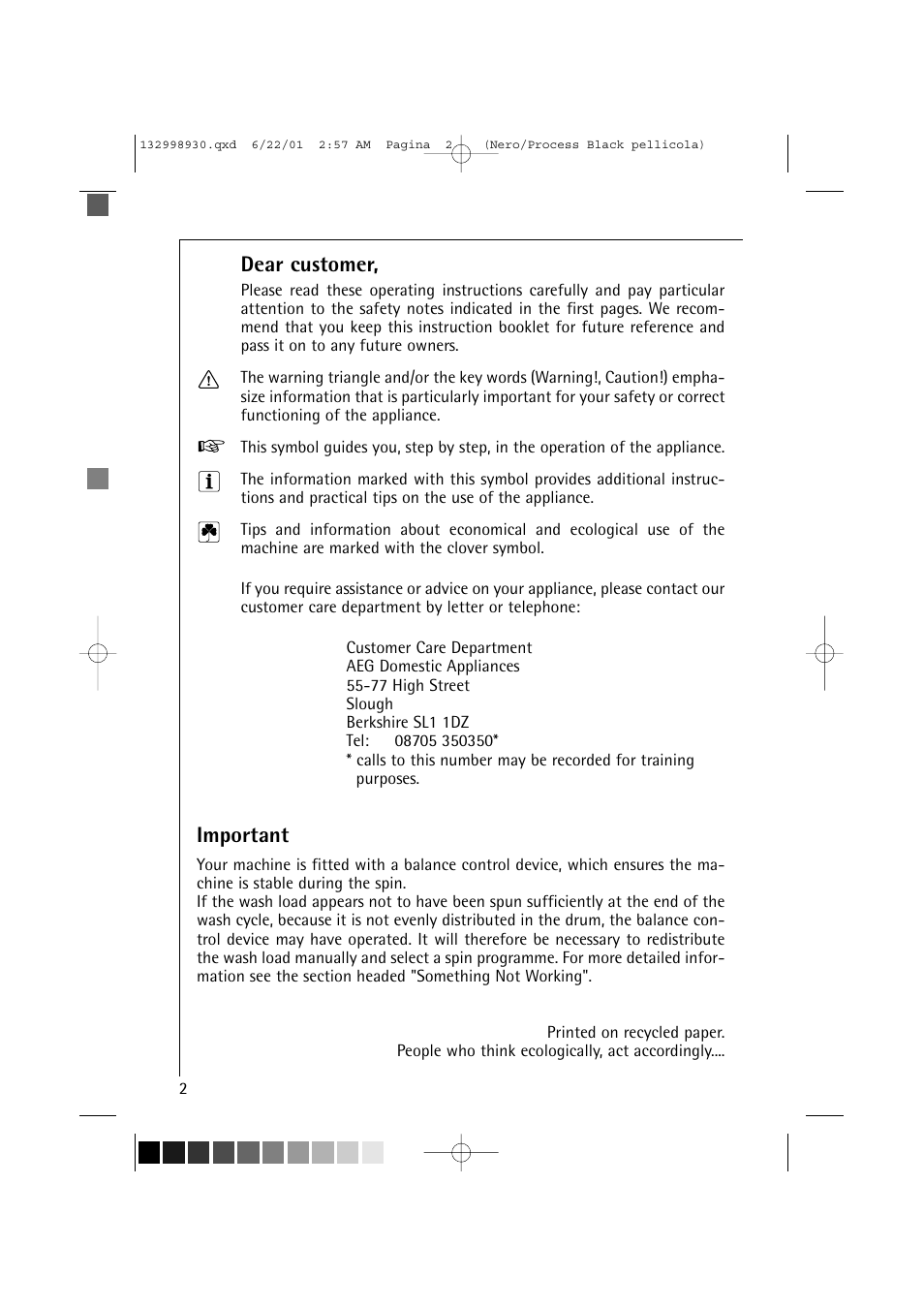 Dear customer, Important | Electrolux 12700 VI User Manual | Page 2 / 59